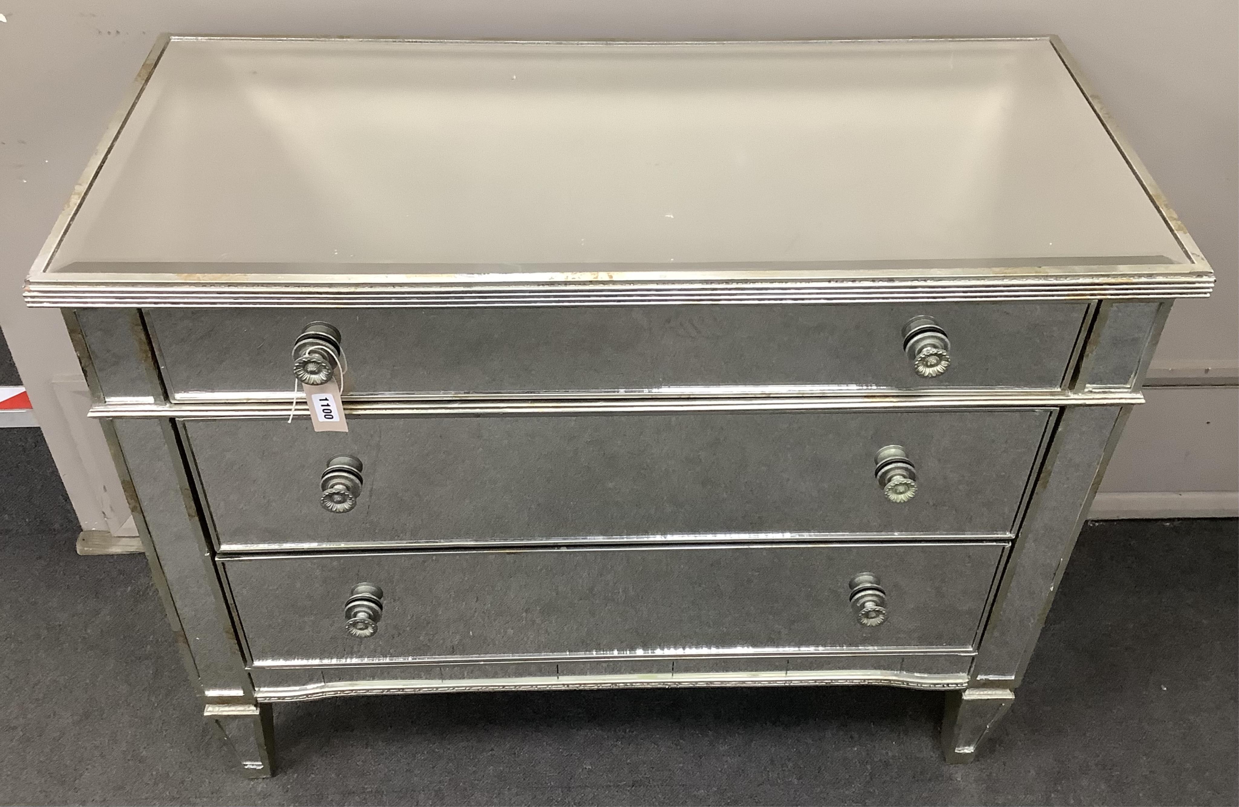 A Contemporary mirrored three drawer chest, width 107cm, depth 48cm, height 89cm. Condition - good